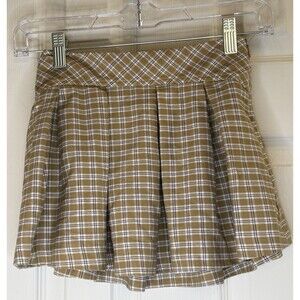 Zara Girls Plaid Skirt 8 Brown Tan Checkered Pleated Adjustable Waistband Zipper
